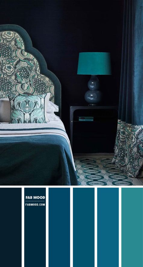 Don’t be afraid to rock that dark color on your bedroom walls. I think dark bedrooms are cosy, alluring and restful, don’t you think? This gorgeous bedroom in deep blue... Dark Blue And Teal Bedroom, Deep Blue Walls Bedroom, Ocean Blue Bedroom Walls, Deep Blue Bedroom Decor, Deep Teal Bedroom Ideas, Teal And Navy Bedroom Ideas, Teal And Gold Bedroom Decor, Black And Blue Bedroom Decor, Deep Ocean Bedroom