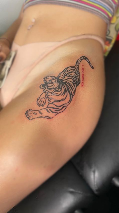 Tiger Side Body Tattoo, Tiger Tattoo Placement, Cigarettesaftersex Tattoo Ideas, Sabertooth Tiger Tattoo, Saber Tooth Tiger Tattoo, Tiger Thigh Tattoo, Small Hidden Tattoos, Tiger Tattoo Thigh, White Tiger Tattoo