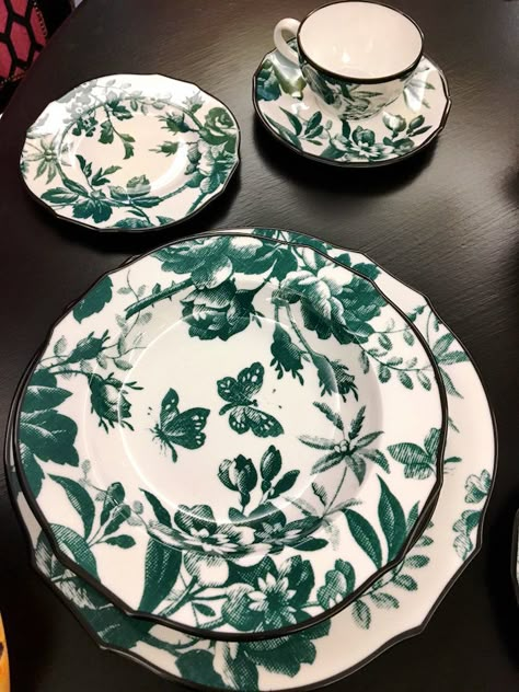 Gucci Herbarium china by Richard Ginori at Bergdorf's Gucci Dinnerware, Gucci Plates, Gucci Plates And Cups, Gucci Herbarium, Gucci Tableware, Dior Plates Tableware, Dior Maison Tableware, Green Floral Dinnerware, China Crockery