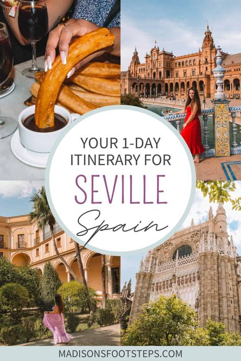 Pinterest pin for my 1 day in Seville itinerary. Seville In December, 3 Days In Seville Spain, Spain 5 Day Itinerary, One Day In Seville Spain, Sevilla Itinerary, Spain Tour, Alcazar Seville, Travel Through Europe, Seville Spain