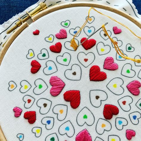 “Beautiful things come together one stitch at a time!”💖💛(Note that Hearts kit is available as both a full kit and a fabric only option.)  #heartsembroidery #embroiderykit #embroidery #handembroidery #printedfabric #embroideryfabric #craftkit #embroideredhearts #heart #hearts #onestitchatatime #bordado #wipshot #satinstitch #needlecraft #etsy #etsyuk #theembroiderycart #handmade #lovehearts #colorful #embroideryart #stitchingistherapy #modernembroidery #diyembroidery #diycrafts #beginnerembroid Patterns For Quilts, Embroidery Heart Pattern, Stitching Diy, Modern Embroidery Kit, Embroidery Hoop Art Diy, Embroidery Hearts, Basic Embroidery Stitches, Hand Embroidery Tutorial, Handmade Embroidery Designs