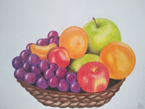 Fruit bowl drawing with colored pencils Fruit Basket Watercolor Painting, Still Life Fruit Drawing Colour, Fruit Basket Drawing Pencil Colour, Fruit Bowl Sketch, Fruit Bowl Watercolor, Fruit Basket Drawing Paintings, Basket Of Fruits Drawing, Fruit Drawing Realistic, Bowl Of Fruit Drawing