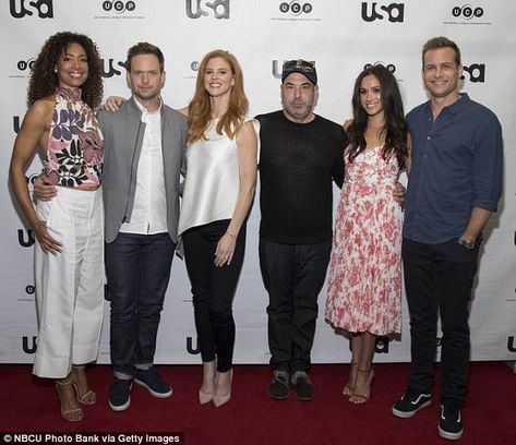 Squad:The other cast members spotted arriving with their respective partners included Gabriel Macht (R), Sarah Rafferty (C) Gina Torres (L) and Abigail Spencer Unimpressed Face, Meghan Markle Suits, Patrick J Adams, Suits Tv Series, Rachel Zane, Jessica Pearson, Sarah Rafferty, Gina Torres, Suits Tv Shows