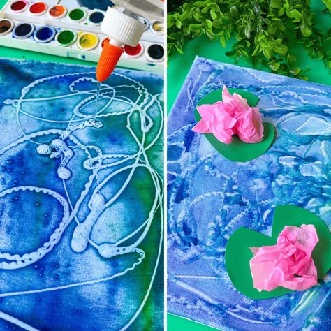 The final Claude Monet-inspired art piece with pink tissue paper water lilies on green cardstock lily pads, set against a blue watercolor background. Claude Monet For Kids Art Lessons, Tissue Paper And Water Art, Monet Inspired Art For Kids, Preschool Art Gallery, Monet Art Projects For Kids, Monet Inspired Art, Wild Daffodils, Blue Watercolor Background, Starfish Art