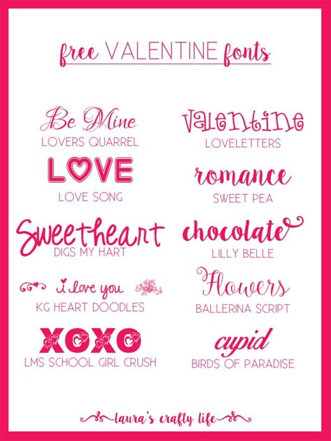 Valentine Fonts. My list of favorite free Valentine fonts. Ten different fonts that are perfect for all your Valentine projects. #laurascraftylife #fonts #valentinesday Valentine Fonts, Dafont Fonts, Valentine Font, Romantic Fonts, Trendy Fonts, Desain Buklet, Pretty Fonts, Font Combos, Word Fonts