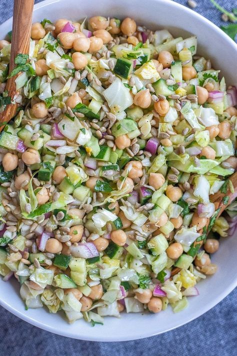 Chickpea Salad with Cucumber and Cabbage - She Likes Food Summer Veg Salad, Red Cabbage Cucumber Salad, Chickpea And Cabbage Salad, Pasta Cabbage Salad, Cabbage Side Dish Recipes Healthy, Chickpea And Cabbage Recipes, Cabbage Chickpea Salad, Cucumber Summer Salad, Best Cabbage Salad