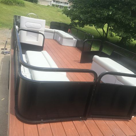 Pontoon restoration almost complete. Trex flooring, new playpen paint and seat reupholstering. Diy Pontoon Boat Remodel, Pontoon Makeover Ideas, Pontoon Boat Remodel, Pontoon Boat Makeover Diy, Pontoon Boat Makeover, Pontoon Restoration, Pontoon Boat Restoration, Pontoon Makeover, Pontoon Remodel