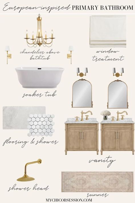 Small Secondary Bathroom Ideas, French Master Bath Ideas, Cottage Master Bath Ideas, Modern Traditional Bathroom Design, Primary Bath Mood Board, Spa Bathroom Mood Board, French Vanity Bathroom, Bathroom Mood Board Inspiration Master Bath, French Country Mood Board