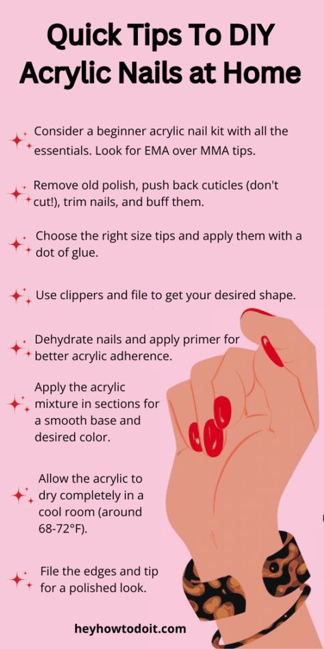 Do Your Research & Be Safe: Acrylic nails, whether salon or DIY, have pros and cons. While they’re strong and long-lasting, improper application or removal can damage your natural nails. Look for MMA-free kits to avoid harsh chemicals. Understand proper removal to prevent ripping or peeling. Consider using a mask and working in a well-ventilated … How to Do Your Own Acrylic Nails at Home Read More » Buff Nails, Nail Primer, Acrylic Tips, Acrylic Nails At Home, Acrylic Nail Kit, Nail Polish Bottles, Diy Acrylic Nails, Nail Plate, Trim Nails