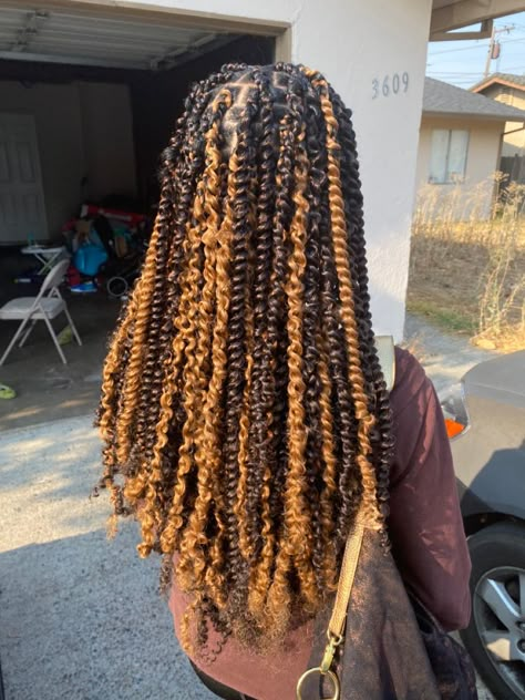 Passion Twists Hairstyle Blonde And Brown, Highlight Passion Twist, Passion Twists Two Colors, Passion Twists Multicolor, Different Color Passion Twist, Passion Twist With Highlights, Passion Twists Highlights, Aesthetic Passion Twist, Brown And Black Passion Twist