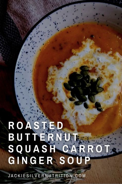 Butternut Squash Carrot Ginger Soup, Squash Ginger Soup, Butternut Squash Ginger Soup, Carrot Butternut Squash Soup, Roasted Squash Soup, Healthy Butternut Squash, Carrot Soup Recipes, Carrot Ginger Soup, Ginger Soup