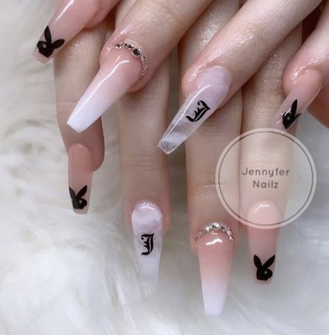 Nails With Initials C Acrylic, W Initial, Ombré Nails, Bunny Nails, Black Acrylic Nails, Long Acrylic Nail Designs, Ombre Acrylic Nails, Simple Acrylic Nails, Long Acrylic Nails Coffin