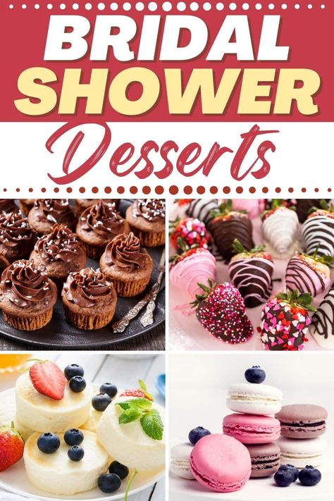 These bridal shower desserts will make an ordinary gathering extraordinary. From heart-shaped pies to wedding cookies to champagne popsicles, celebrate the bride-to-be with these amazing treats. Desserts For Wedding Showers, Bridal Brunch Dessert Ideas, Cute Bridal Shower Desserts, Brunch Shower Desserts, Bridal Shower Sweets Desserts, Tea Party Bridal Shower Desserts, Bridal Shower Dessert Charcuterie Board, Dessert For Bridal Shower Sweets, Desserts For Bridal Shower Brunch