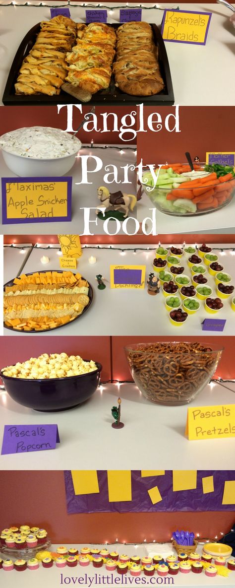 Tangled Birthday Food Ideas, Tangled Inspired Food, Tangled Birthday Party Games, Rapunzel Themed Food, Tangled Food Ideas, Tangled Party Food, Rapunzel Party Food, Tangled Dinner, Birthday Party Foods