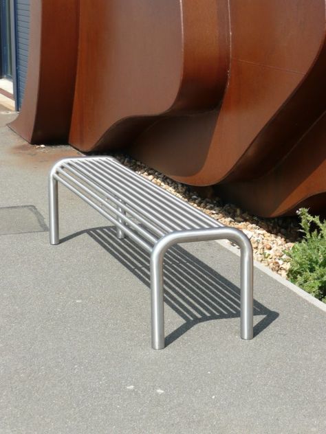 BL100 Baseline Bench -  stainless steel street furniture Metal Outdoor Bench, Stainless Steel Bench, City Decor, Public Space Design, Steel Bench, Luxury Closets Design, Metal Furniture Design, Metal Bench, Urban Furniture