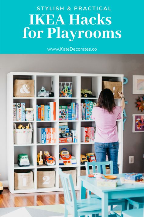 Need stylish and practical decorating ideas for your playroom? These are the very best IKEA hacks for kids playrooms ... and they don't disappoint! These IKEA hacks are simple, pretty and best of all functional. They'll help you keep your kids playroom or play area looking great and super organized. #kidsroom #kidsrooms #ikeahack #ikeahacks #playroom #playroomdecor #playroomorganization #getorganized #organization #kidsdecor Kallax Styling Playroom, Billy Ikea Kids Room, Playroom Shelving Ideas, Playroom Layout, Easy Ikea Hacks, Ikea Cubes, Ikea Hack Kids, Kids Playrooms, Ikea Playroom