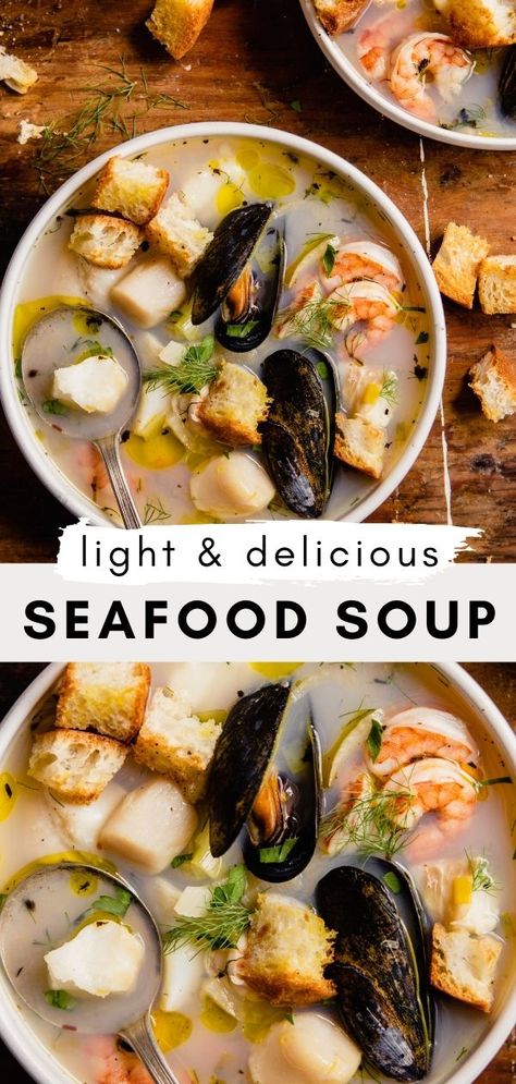 Seafood Soup Seafood Soup Recipes, Shrimp Soup, Seafood Stew, Fish Stew, Fish Soup, Seafood Soup, White Fish, Crusty Bread, Croutons