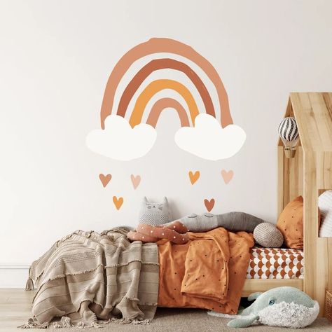 Girls Room Rainbow Wall, Orange Nursery Girl, Boho Rainbow Nursery Wall Paint, Sun And Rainbow Nursery, Girls Room Rainbow, Burnt Orange Rainbow Nursery, Rust Rainbow Nursery, Girls Nursery Rainbow, Rainbow Decal Nursery