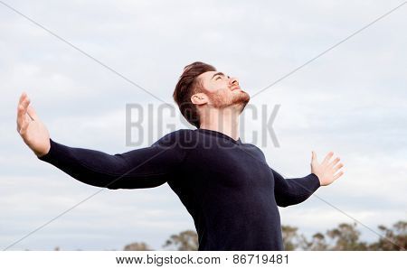 Handsome guy with open arms relaxed in the field Open Arm Pose Reference, Open Arms Drawing Reference, Arms Extended Reference, Open Arms Reference, Arms Open Pose Reference, Open Arms Pose Reference, Emotional Poses, Field Images, Men Reference