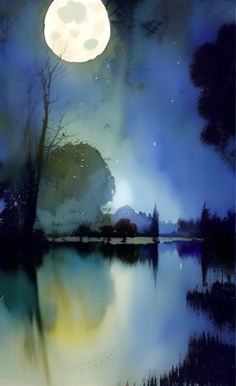 Night Painting Moonlight, Contemporary Landscape Artists, Night Sky Painting, Watercolour Inspiration, Boat Painting, Forest Painting, Make Pictures, Sky Painting, Night Painting