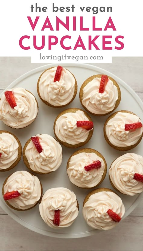 Gorgeously light and fluffy vegan vanilla cupcakes topped with creamy strawberry vanilla frosting. Perfect little packages of yum! Dairy Free Cupcakes, Vegan Vanilla Cupcakes, Vegan Chocolate Cupcakes, Vegan Frosting, Vegan Recipes Plant Based, Dessert Cakes, Sugar Free Sweets, Vegan Cake Recipes, Vegan Cupcakes