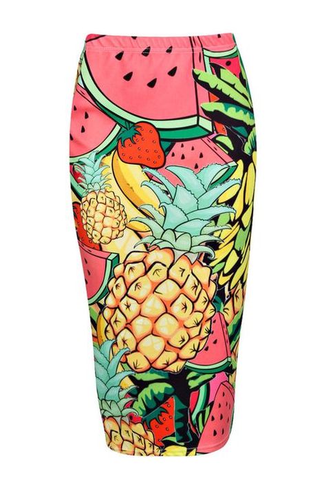 Produce, Ananas, Pineapple, Fruit, Vegan nutrition, Illustration, Bromeliaceae, Natural foods, Corn kernels, Sweet corn, Fruit Print Fashion, Bold Fashion Outfits, Cheap Skirts, Calf Length Skirts, New Fruit, Fruit Print, Fashion Summer, Fabric Painting, Resort Wear