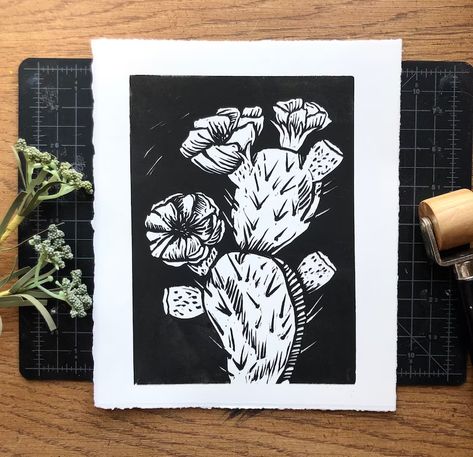 Cactus Linocut, Cactus Art Print, Blooming Cactus, Lino Art, Plant Art Print, Pear Cactus, Prickly Pear Cactus, Handmade Plant, Linocut Art