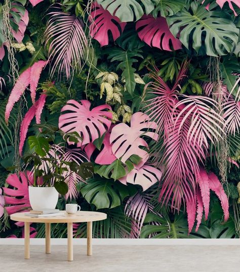 Tropical Wall Mural With Monstera Leaves/ Peel and Stick - Etsy Wildlife Wallpaper, Palm Trees Wallpaper, Jungle Wallpaper, Tropical Foliage, Tree Wallpaper, Floral Wall Decor, Leaf Wallpaper, Modern Wallpaper, Wallpaper Bedroom