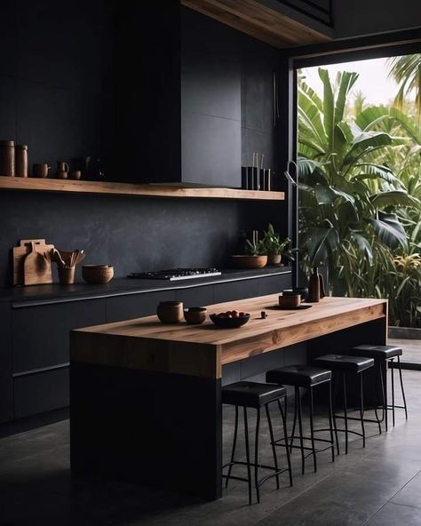 Mansion Villa, Modern Black Kitchen, Tropical Luxury, Villa Bali, Bali Villa, Industrial Style Kitchen, Sleek Kitchen, Contemporary Kitchen Design, Industrial Kitchen