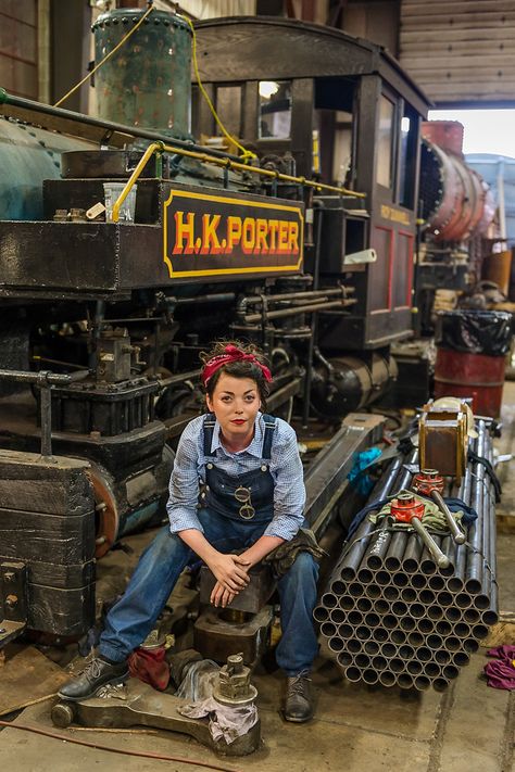 Mechanic Costume, Woman Mechanic, Train Engineer, Train Conductor, Underground Bunker, Train Art, Old Trains, Rosie The Riveter, Human Poses Reference