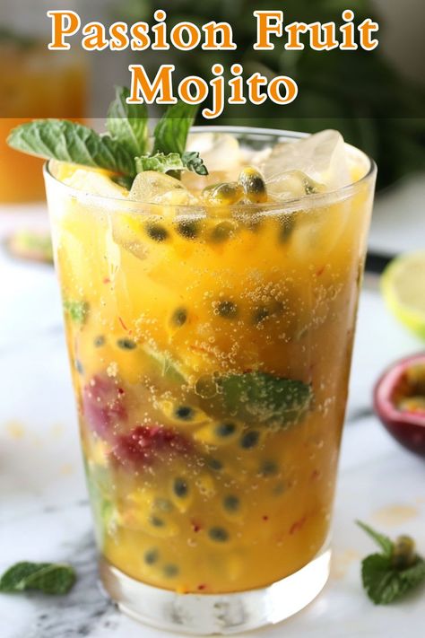 The Passion Fruit Mojito is a vibrant twist on the classic mojito, combining the tropical sweetness of ripe passion fruit with the refreshing taste of mint and lime. Summer Rum Cocktails, Dark Rum Cocktails, Fruit Mojito, Rum Cocktails Easy, Passion Fruit Mojito, Cocktails To Make At Home, Classic Mojito, Rum Cocktail Recipes, Rum Cocktails