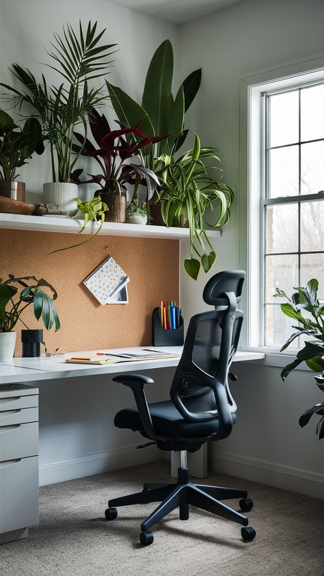 Revamp your workspace with a touch of the tropics! This home office design features lush tropical plants on a stylish floating shelf, perfectly positioned to inspire creativity. Paired with a modern ergonomic chair and a sleek desk organizer, this setup promotes productivity while adding a fresh vibe. The corkboard wall adds personality, and natural light floods in from a large window, creating an inviting atmosphere. Ready to transform your office? Discover tips for styling your own tropical oasis! #HomeOfficeInspo #TropicalPlants #IKEAStyle #WorkspaceGoals #ErgonomicDesign #PlantStyling #ProductivityBoost Office Desk Setup Workspace Inspiration, Corkboard Wall, Ikea Style, Cork Board Wall, Bright Office, Sleek Desk, Tropical Oasis, Office Inspo, Large Window