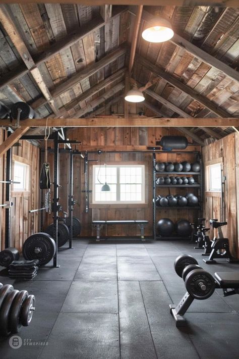 Garden Shed Gym, Shed Gym Backyard, Gym Shed Backyard, Farm Equipment Decor, Gym Shed Ideas, Barn Gym Ideas, Shed Home Gym, Home Gym Building, Exercise Room Ideas Home