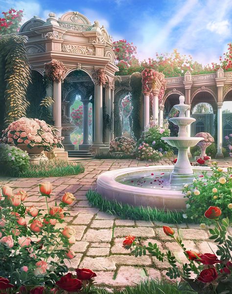 Princess Garden Aesthetic, Most Beautiful Houses In The World, Fantasy Garden Background, Fantasy Garden Concept Art, Fairy Kingdom Aesthetic, Fantasy Garden Art, Magical Mansion, Palace Courtyard, Princess Garden