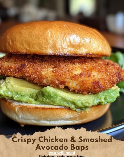 Crispy Chicken & Smashed Avocado Baps Ingredients: 2 chicken breasts, pounded to an even thickness Salt and pepper, to taste 1/2 cup (60g) all-purpose flour 1 large egg, beaten 3/4 cup (75g) breadcrumbs 1/4 cup (25g) grated Parmesan cheese 2 tbsp olive oil 2 ripe avocados Juice of 1 lime 4 soft baps or burger buns Lettuce leaves (optional) Directions: Season the chicken breasts with salt and pepper. Coat each breast in flour, dip in the beaten egg, and then coat with breadcrumbs mixed with P... Avocado Juice, Egg Burger, Cottage Cheese Recipes, Smashed Avocado, Lettuce Leaves, Burger Buns, Ripe Avocado, Crispy Chicken, Avocado Egg