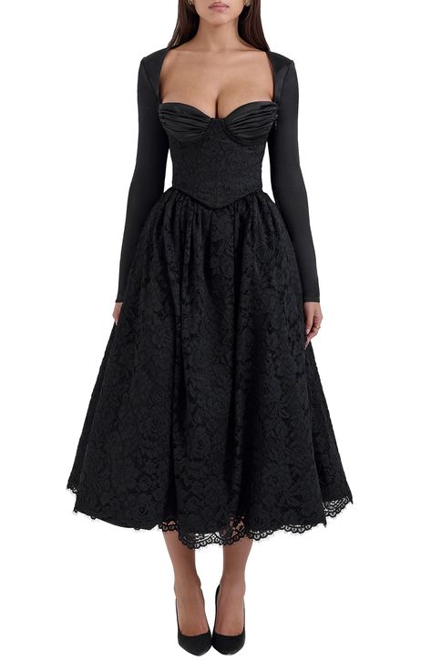 A corset-inspired bodice and voluminous midi skirt create an enchanting aesthetic on a lace fit-and-flare dress accompanied by a long-sleeve satin bolero for evening-ready charm. Exclusive retailer Hidden side-zip closure with ties at back Dress is strapless; bolero has long sleeves Sweetheart neck Side-seam pockets Lined 100% polyester with 94% polyester, 6% polyurethane bolero Dry clean Imported Lace Midi Dress With Sleeves, Corset Long Sleeve Dress, Vietnam Outfits, Midi Corset Dress, Floral Corset Dress, Plus Size Corset Dress, Opera Dress, Dress With Bolero, Enchanting Aesthetic