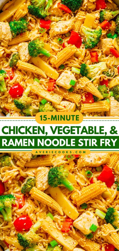 Stir Fry With Ramen Noodles, Chicken And Vegetable Stir Fry, Ramen Noodle Stir Fry, Healthy Ramen, Easy Ramen, Noodle Stir Fry, Averie Cooks, Chicken Vegetable, Stir Fry Recipe