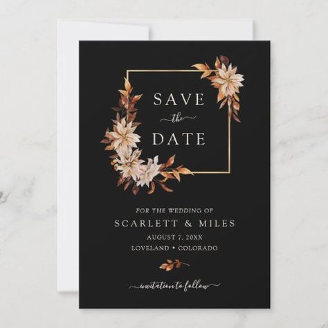 Black Fall Watercolor Floral Wedding Save The Date #zazzle #weddinginvitations #birthdayinvitations #babyshowerinvitations #zazzleinvitations #monogram #businesscards #graduation #homedecor Elegant Fall Wedding Ideas, Orange Wedding Themes, Dark Wedding Theme, Rustic Wedding Save The Dates, Rusting Wedding, Rustic Save The Dates, Floral Save The Dates, Rustic Fall Wedding, Black Wedding Invitations