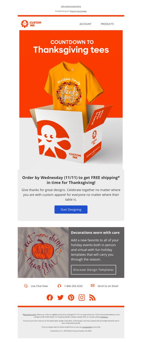 Thanksgiving Email Example - Custom Ink - Order by tomorrow (11/11) to get FREE shipping in time for Thanksgiving! - #ThanksgivingEmails #EmailDesign - View 100s of Thanksgiving email templates and examples with MailCharts! Thanksgiving Email, Email Ideas, Holiday Emails, Campaign Planning, Thanksgiving Tee, Email Marketing Campaign, Custom Ink, Marketing Campaign, Email Design