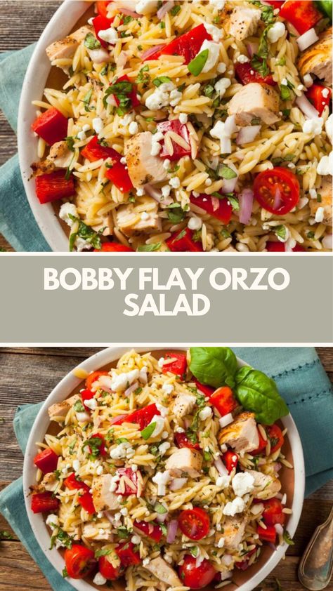 Bobby Flay Orzo Salad recipe is made with orzo pasta, cucumbers, cherry tomatoes, chickpeas, feta cheese, red onion, olives, and fresh herbs it takes 40 minutes to prepare and serves 4. Orzo With Cranberries, Orzo Feta Salad, Orzo Salads, Grilled London Broil, Homemade Greek Dressing, Greek Orzo Salad, Bobby Flay Recipes, Feta Salad Recipe, Orzo Salad Recipes