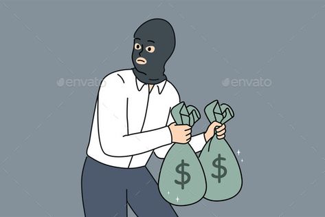 Male Thief with Money Bags in Hands Stealing Money, Money Bags, Design Advertising, Graphic Design Advertising, Money Bag, Face Mask, Mask, Graphic Design, Money