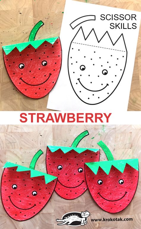 krokotak | STRAWBERRY-SCISSOR SKILLS Strawberry Toddler Craft, Fruit Art Activities For Preschool, Strawberries Preschool Activities, Fruit Craft Preschool, Fruits Crafts Preschool, Strawberry Activity For Preschool, Preschool Strawberry Craft, Toddler Fruit Crafts, Summer Fruit Activities For Toddlers