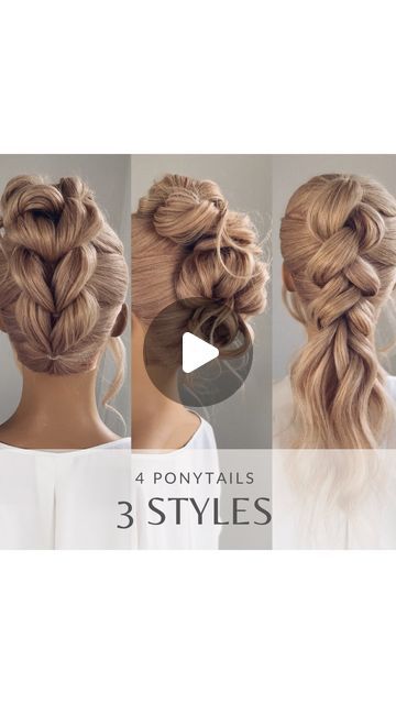 Melbourne Bridal Hairstylist/Educator on Instagram: "♡ 4 ponytails, 3 styles in a minute 

Style 1 – back braided bun
Here we are creating a chunky pull through braid up the back of the head and finishing with a piled bun on top to show off the back detail. Being sure to take even partings to ensure a balanced final style.
 
Now onto style 2 – Knotted updo
Beginning at the top we are taking each pony and creating a knot shape before securing with pins. I personally like to leave a small amount of the ends out of each knot to add softness to the style. Finger teasing these pieces will make them blend for a seamless finish.
 
Finally style 3 – We have a pull through braid ponytail with a twist – literally!
Once splitting the hair in two I am adding a little unexpected detail by twisting the Pull Through Braid Updo, Upside Down Pull Through Braid, Pull Through Braid Ponytail Tutorial, Double Ponytail Trick, Lifted Ponytail Hair Hacks, Fuller Ponytail Trick, Pull Through Braid Pigtails Tutorial, Fancy Buns, Hombre Hair