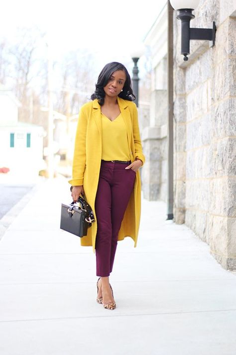 Bright yellow and maroon, fall work wear Dark Mustard Pants Outfit, Yellow Blouse Outfit, Maroon Pants Outfit, Yellow Top Outfit, Master Wardrobe, Yellow Pants Outfit, Mustard Yellow Outfit, Mustard Outfits, Pants Outfit Work