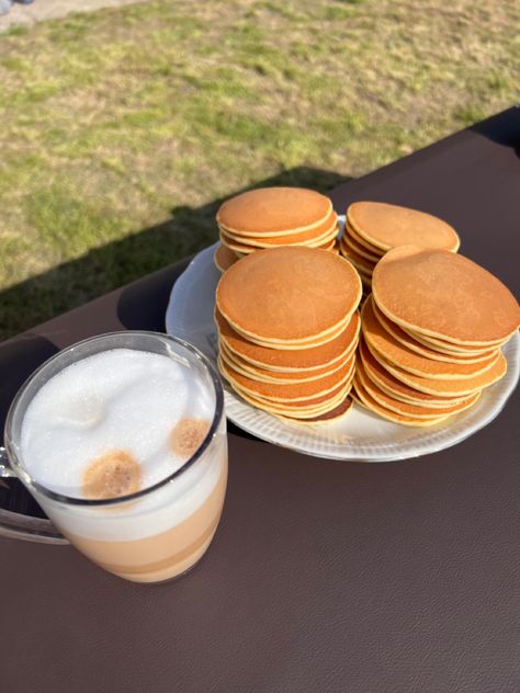 Cappuccino and pancakes outside Sunny Garden, Garden Picnic, Breakfast Pancakes, Cappuccino, Pancakes, Ethnic Recipes