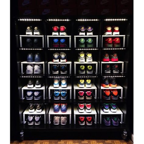 Because storage quickly becomes a problem for Sneakerheads & the wife definitely isn't trying to look at boxes across the wall(s). Nike Concept, Sneaker Closet, Sneakerhead Room, Sneaker Displays, Sneaker Storage, Ikea Bookcase, Small Laundry Room Organization, Bedroom Hacks, Shoe Wall