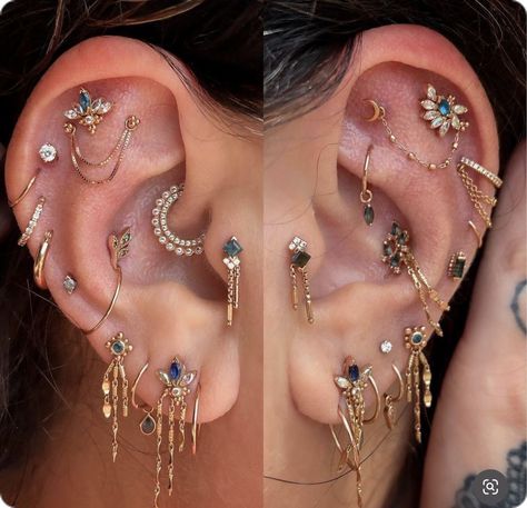 Ear Piercing Ideas For Pointy Ears, Ear Piercings Layout, Ear Piercing Layout Ideas, Piercings Ear Aesthetic, Stacked Earrings Aesthetic, Ear Piercing Layout, Cool Earrings Aesthetic, Gold Ear Piercings, Ear Piercing Curation