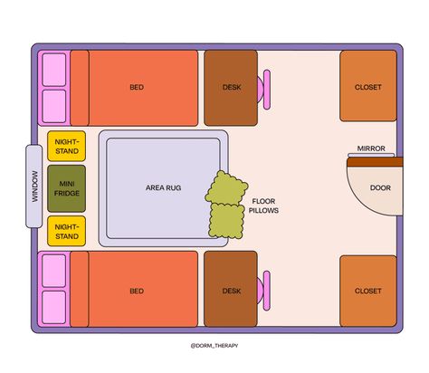 4 Dorm Room Layout Ideas for Roommates in Doubles | Dorm Therapy Dorm 2 People, Dorm Room Ideas With Roommate, 2 Person Dorm Room Layout, 3 Person Dorm Room Layout, Dorm Room Floor Plan, Small Dorm Room Ideas Layout Double, Dorm Room Layout Double, Kpop Trainee Dorm, Triple Dorm Room Ideas