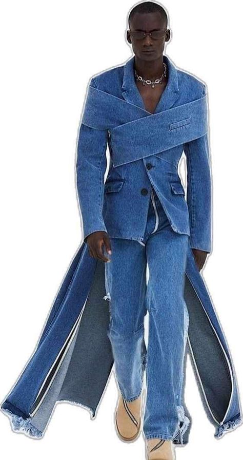 Men’s Fashion Show Outfit, High Mens Fashion, Unique Formal Outfits For Men, Men��’s Couture, All Denim Outfit Men, Unique Mens Fashion, Denim Fashion Runway, Mens Fashion Design, Denim Runway