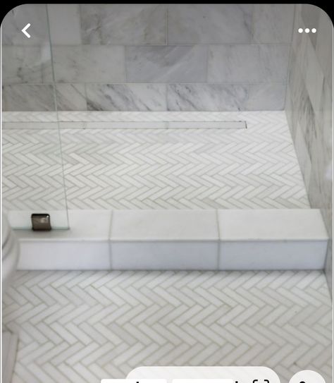 Shower Floor Tile Herringbone, 3x12 Herringbone Tile Floor, Herringbone Tile Shower Floor, Small Marble Tile Bathroom, Marble Tile Bathroom Ideas, Timeless Master Bath, Herringbone Shower Floor, Herringbone Bathroom Floor, Marble Herringbone Floor